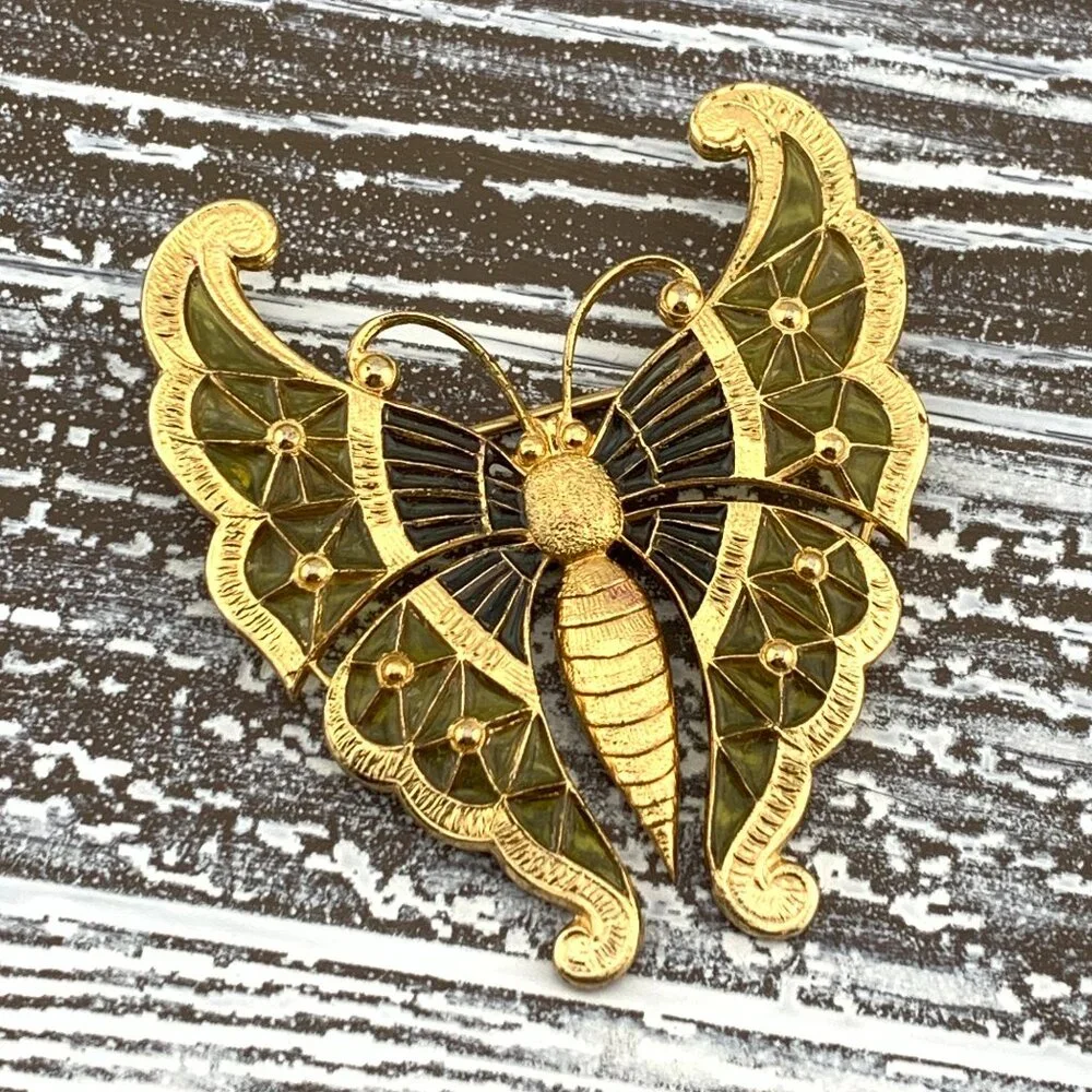 Napier Signed Gold Butterfly Vintage Piqué-a-Jour Brooch J896
